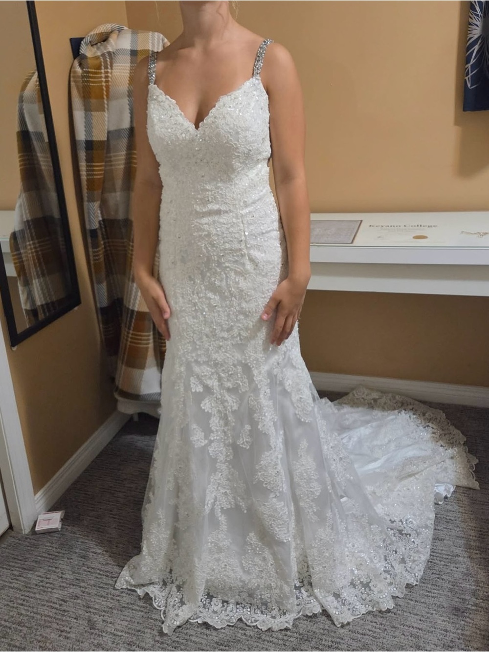 Elegant White Lace Beaded Bridal Gown with Straps